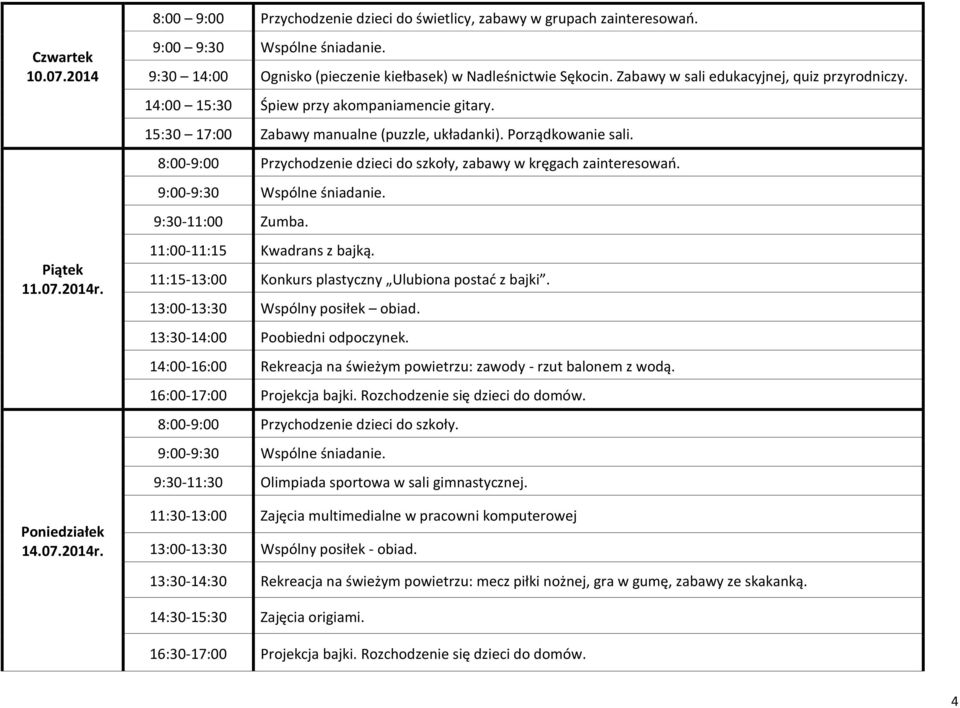 15:30 17:00 Zabawy manualne (puzzle, układanki). Porządkowanie sali. 9:30-11:00 Zumba. 11:00-11:15 Kwadrans z bajką. 11:15-13:00 Konkurs plastyczny Ulubiona postać z bajki.