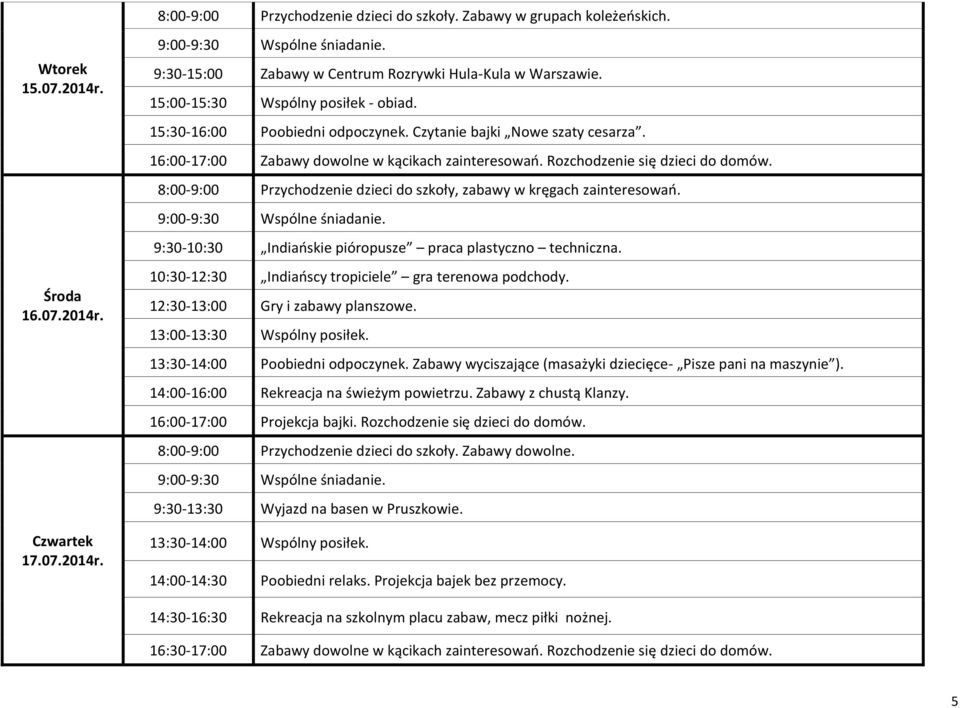 9:30-10:30 Indiańskie pióropusze praca plastyczno techniczna. 10:30-12:30 Indiańscy tropiciele gra terenowa podchody. 12:30-13:00 Gry i zabawy planszowe. 13:30-14:00 Poobiedni odpoczynek.