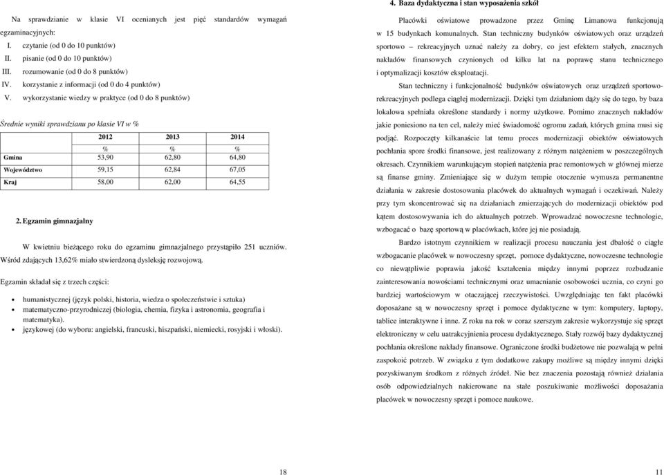 wykorzystanie wiedzy w praktyce (od 0 do 8 punktów) Średnie wyniki sprawdzianu po klasie VI w % 2012 2013 2014 % % % Gmina 53,90 62,80 64,80 Województwo 59,15 62,84 67,05 Kraj 58,00 62,00 64,55 2.