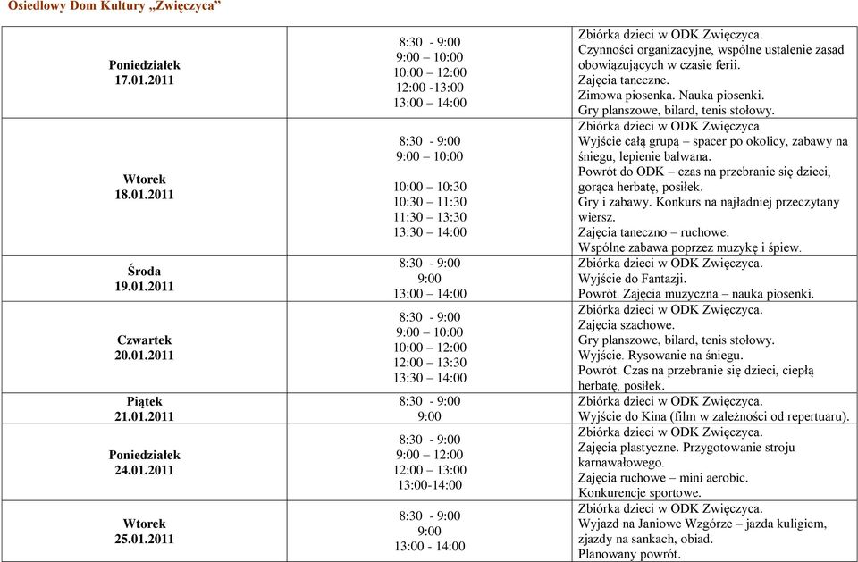 13:00-14:00 13:00-14:00 Czynności organizacyjne, wspólne ustalenie zasad obowiązujących w czasie ferii. Zajęcia taneczne. Zimowa piosenka. Nauka piosenki. Gry planszowe, bilard, tenis stołowy.