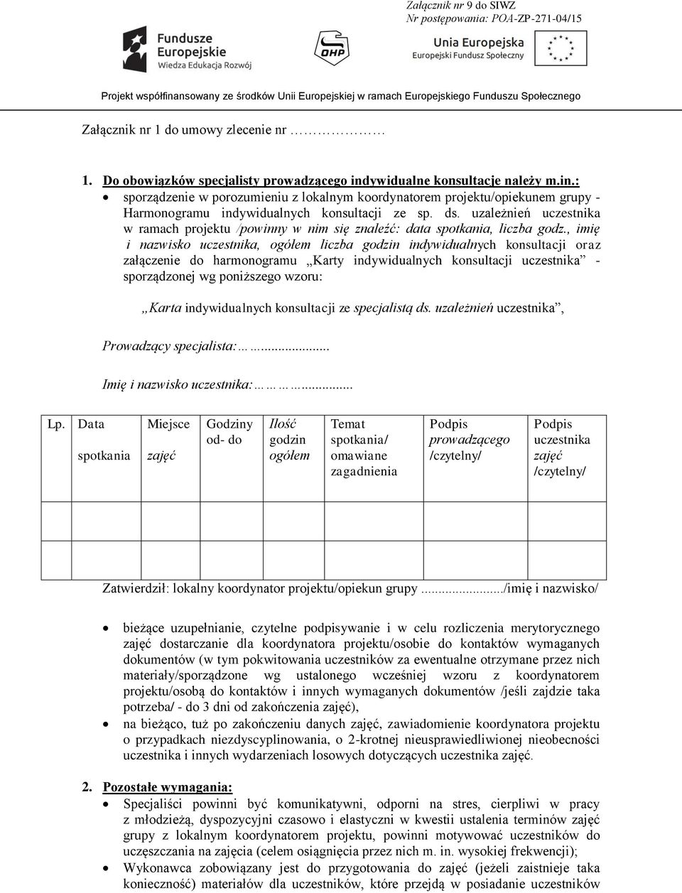 uzależnień uczestnika w ramach projektu /powinny w nim się znaleźć: data spotkania, liczba godz.