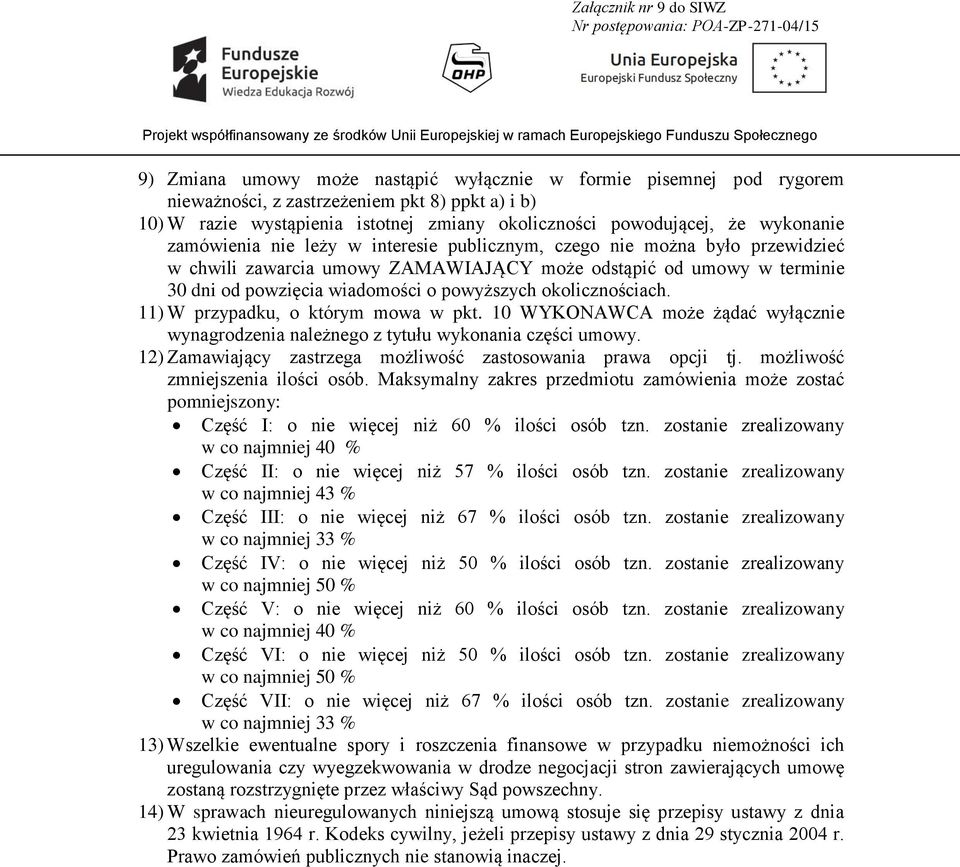 okolicznościach. 11) W przypadku, o którym mowa w pkt. 10 WYKONAWCA może żądać wyłącznie wynagrodzenia należnego z tytułu wykonania części umowy.