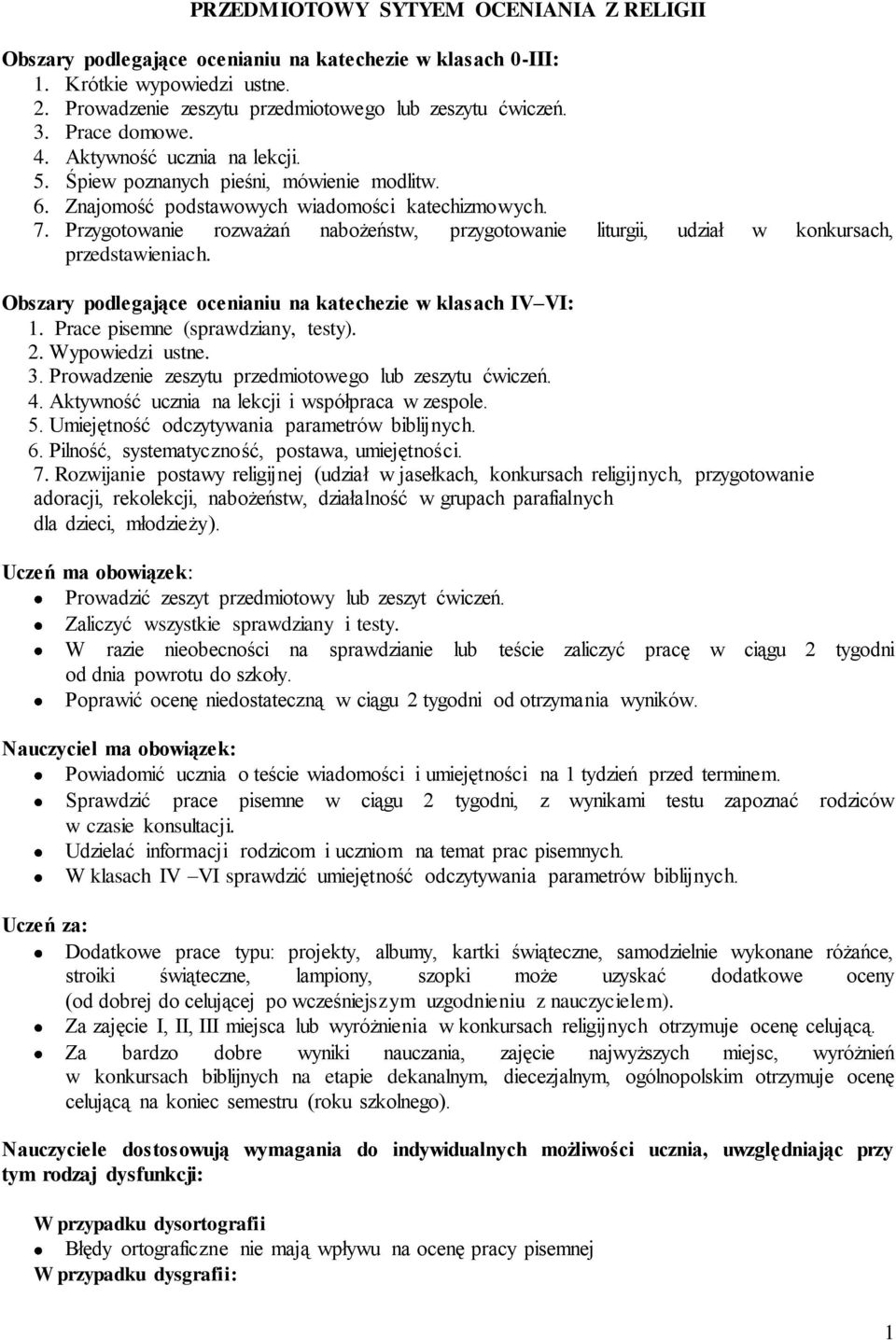 Przygotowanie rozważań nabożeństw, przygotowanie liturgii, udział w konkursach, przedstawieniach. Obszary podlegające ocenianiu na katechezie w klasach IV VI: 1. Prace pisemne (sprawdziany, testy). 2.