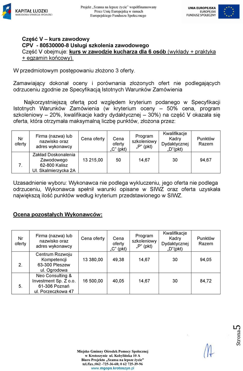 20%, kwalifikacje kadry dydaktycznej 30%) na część V okazała się 13 215,00 50 14,67 30 94,67