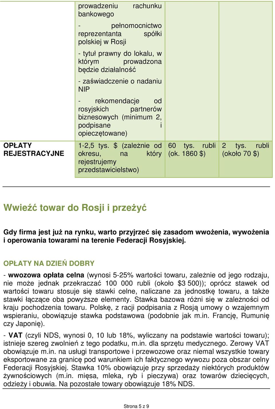 1860 $) 2 tys. rubli (około 70 $) Wwieźć towar do Rosji i przeżyć Gdy firma jest już na rynku, warto przyjrzeć się zasadom wwożenia, wywożenia i operowania towarami na terenie Federacji Rosyjskiej.