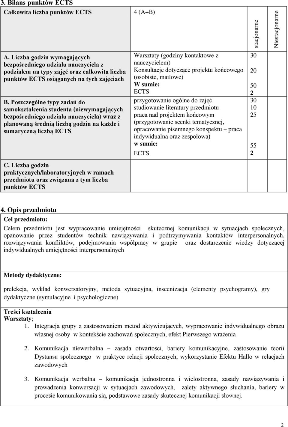 Poszczególne typy zadań do samokształcenia studenta (niewymagających bezpośredniego udziału nauczyciela) wraz z planowaną średnią liczbą godzin na każde i sumaryczną liczbą ECTS C.