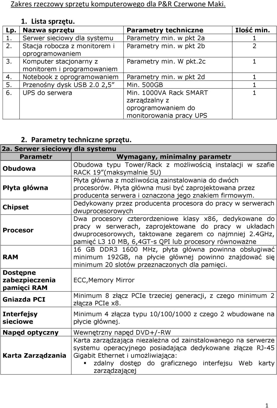 w pkt 2d 1 5. Przenośny dysk USB 2.0 2,5 Min. 500GB 1 6. UPS do serwera Min. 1000VA Rack SMART zarządzalny z oprogramowaniem do monitorowania pracy UPS 1 2. Parametry techniczne sprzętu. 2a.