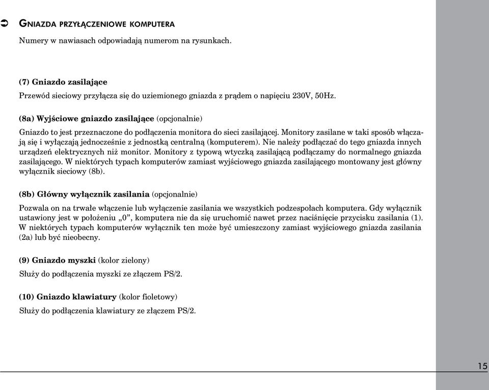 Monitory zasilane w taki sposób włączają się i wyłączają jednocześnie z jednostką centralną (komputerem). Nie należy podłączać do tego gniazda innych urządzeń elektrycznych niż monitor.