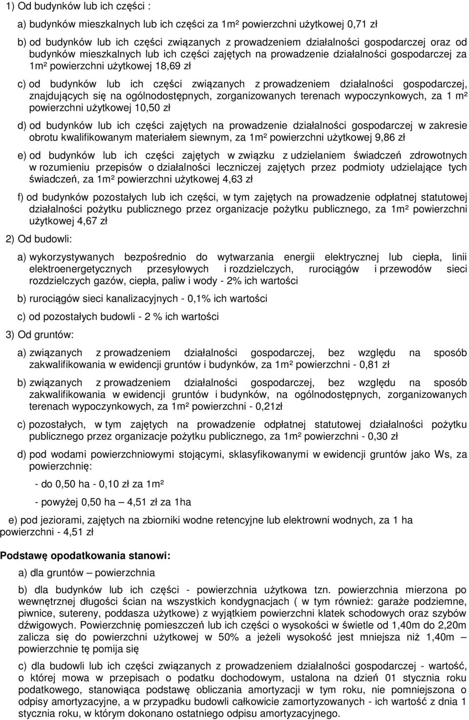 gospodarczej, znajdujących się na ogólnodostępnych, zorganizowanych terenach wypoczynkowych, za 1 m² powierzchni użytkowej 10,50 zł d) od budynków lub ich części zajętych na prowadzenie działalności