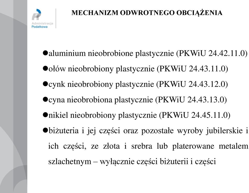 0) cyna nieobrobiona plastycznie (PKWiU 24.43.13.0) nikiel nieobrobiony plastycznie (PKWiU 24.45.11.
