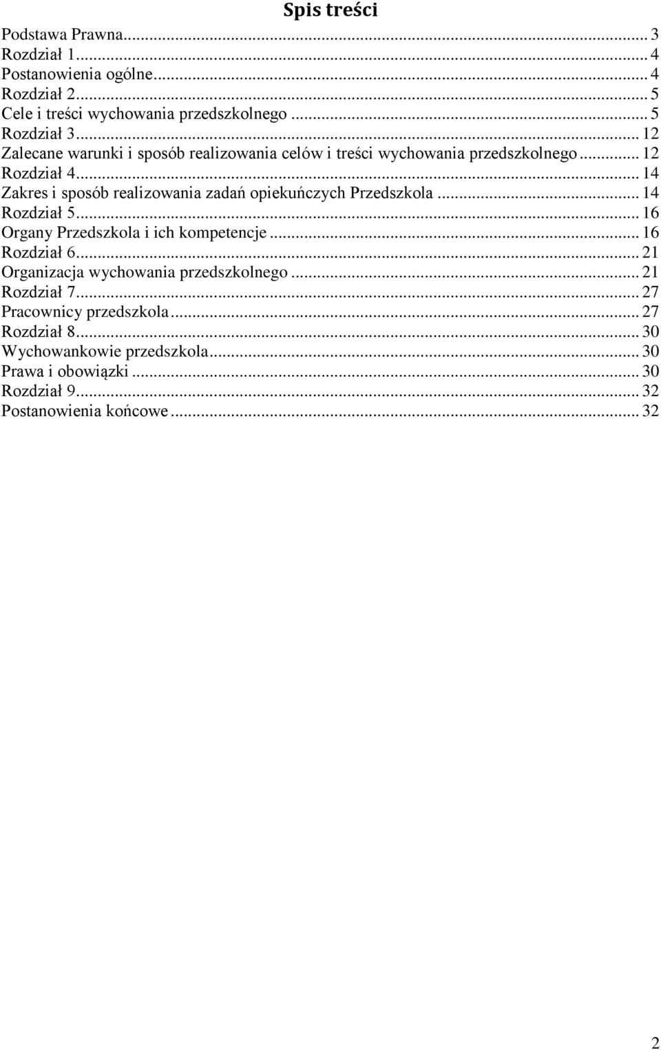 .. 14 Zakres i sposób realizowania zadań opiekuńczych Przedszkola... 14 Rozdział 5... 16 Organy Przedszkola i ich kompetencje... 16 Rozdział 6.