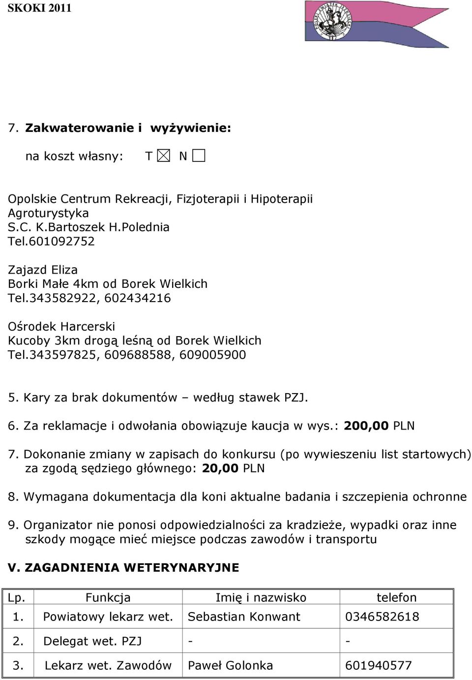 Kary za brak dokumentów według stawek PZJ. 6. Za reklamacje i odwołania obowiązuje kaucja w wys.: 200,00 PLN 7.