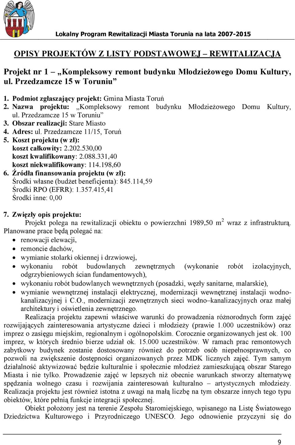 Koszt projektu (w zł): koszt całkowity: 2.202.530,00 koszt kwalifikowany: 2.088.331,40 koszt niekwalifikowany: 114.198,60 6.