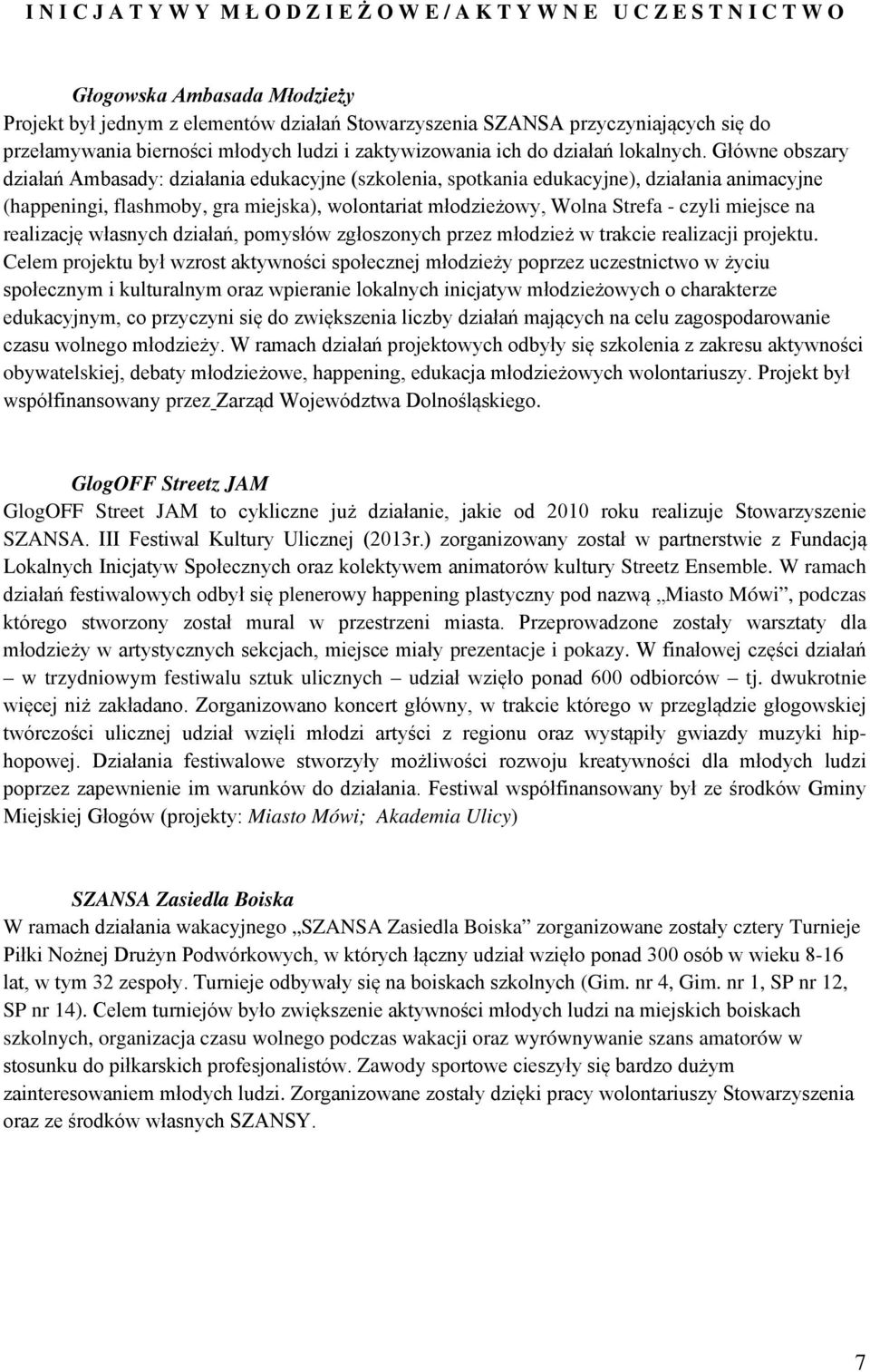 Główne obszary działań Ambasady: działania edukacyjne (szkolenia, spotkania edukacyjne), działania animacyjne (happeningi, flashmoby, gra miejska), wolontariat młodzieżowy, Wolna Strefa - czyli