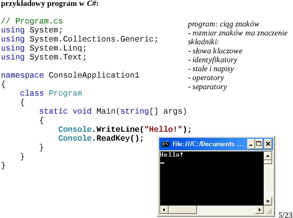 Text; nmespce ConsoleAppliction1 clss Progrm Console.WriteLine("Hello!"); Console.