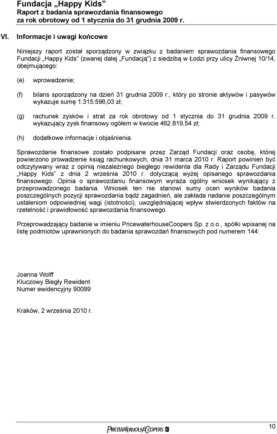 596,03 zł; (g) rachunek zysków i strat wykazujący zysk finansowy ogółem w kwocie 462.819,54 zł; (h) dodatkowe informacje i objaśnienia.