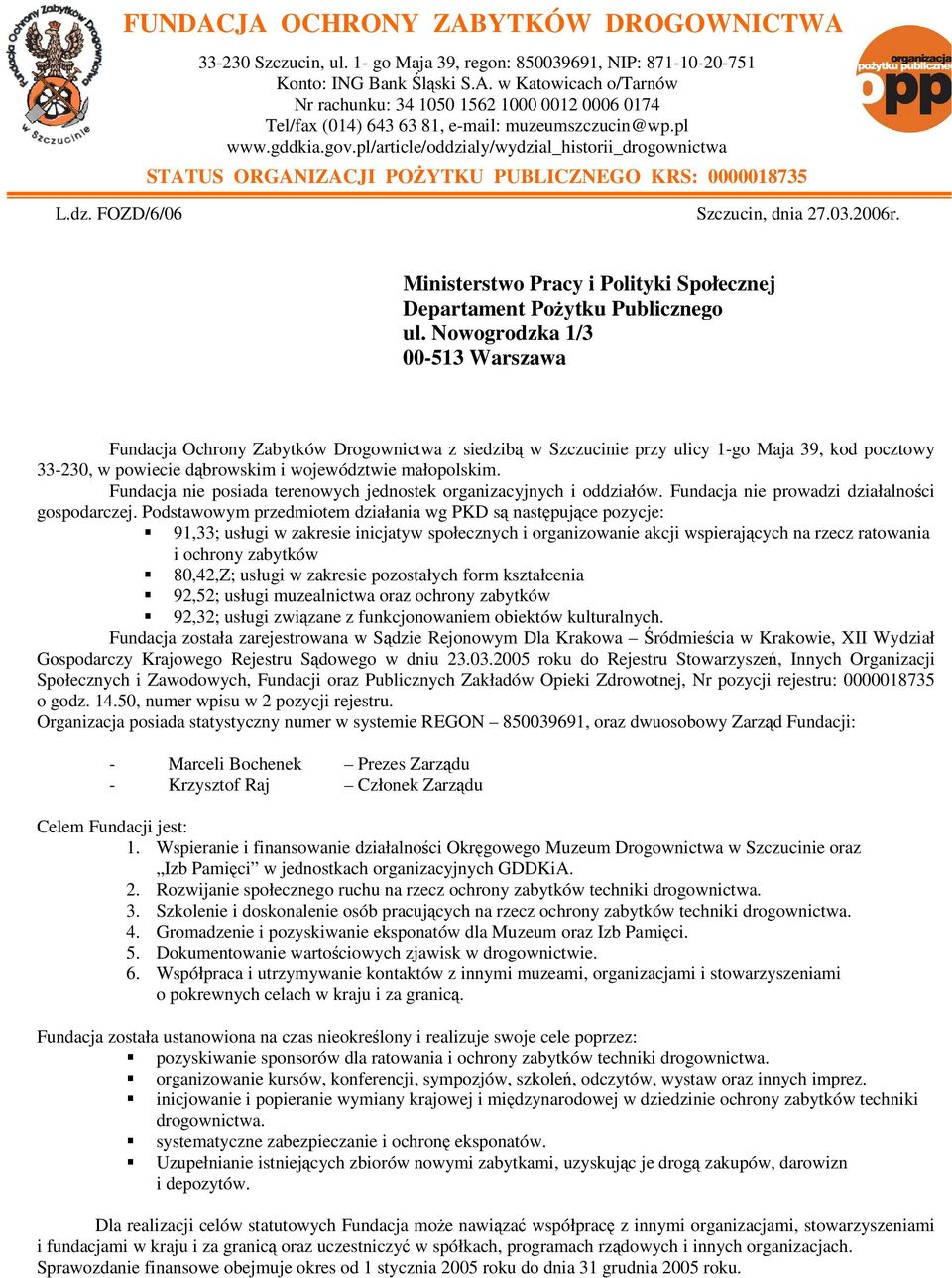 Ministerstwo Pracy i Polityki Społecznej Departament Pożytku Publicznego ul.