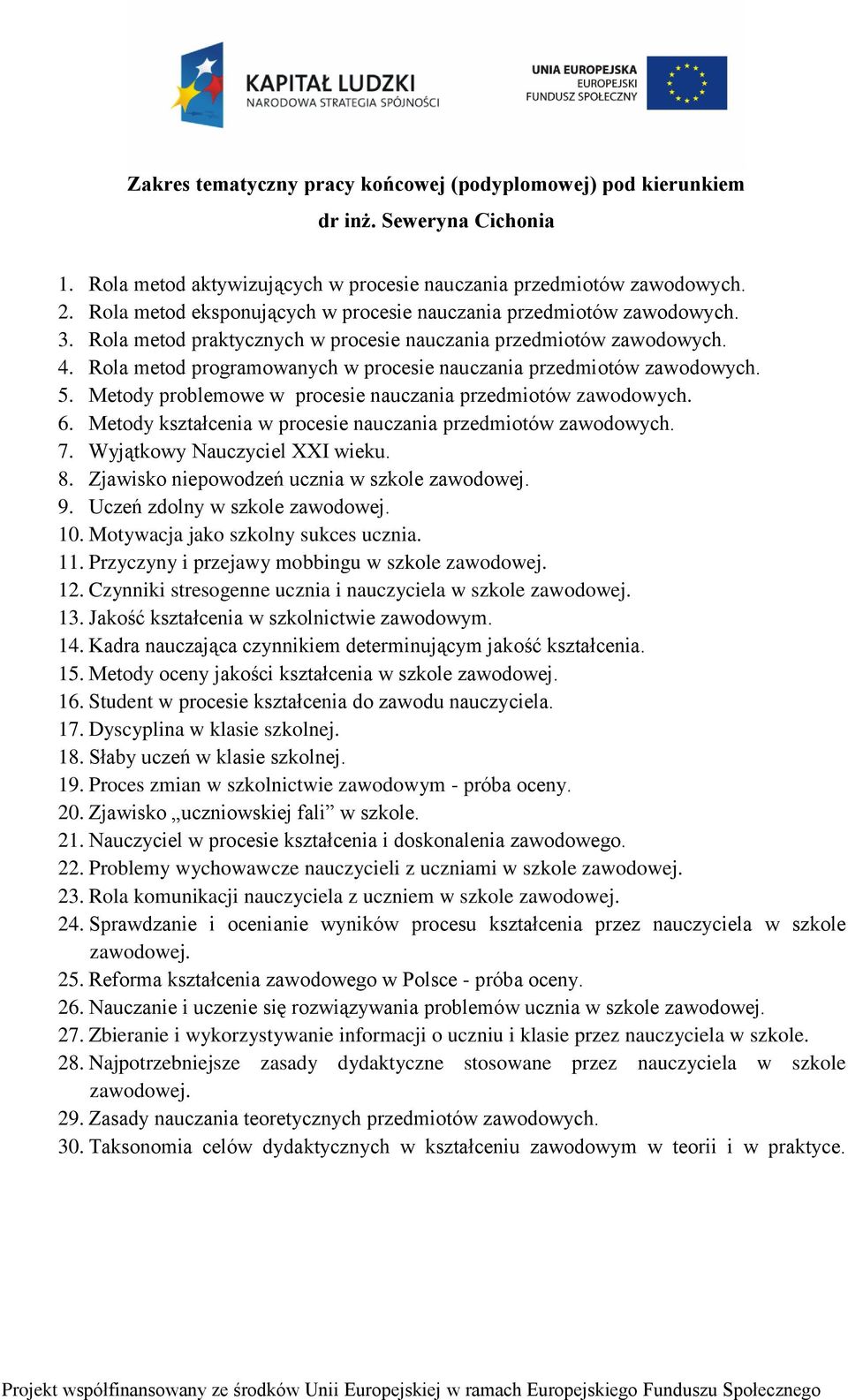 Metody problemowe w procesie nauczania przedmiotów zawodowych. 6. Metody kształcenia w procesie nauczania przedmiotów zawodowych. 7. Wyjątkowy Nauczyciel XXI wieku. 8.