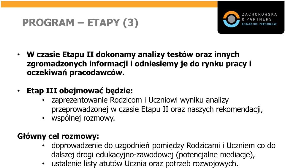Etap III obejmować będzie: zaprezentowanie Rodzicom i Uczniowi wyniku analizy przeprowadzonej w czasie Etapu II oraz naszych