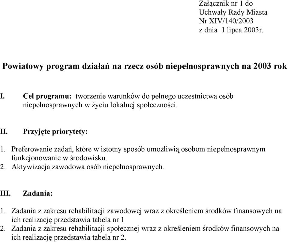 Preferowanie zadań, które w istotny sposób umożliwią osobom niepełnosprawnym funkcjonowanie w środowisku. 2. Aktywizacja zawodowa osób. III. Zadania: 1.