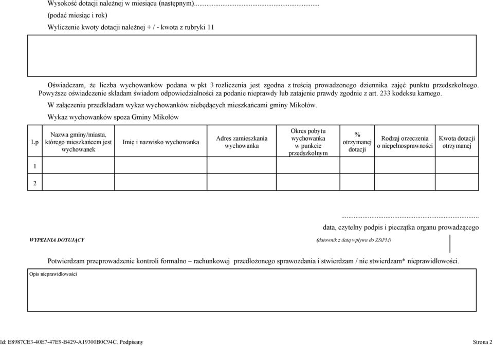 punktu przedszkolnego. Powyższe oświadczenie składam świadom odpowiedzialności za podanie nieprawdy lub zatajenie prawdy zgodnie z art. 233 kodeksu karnego.