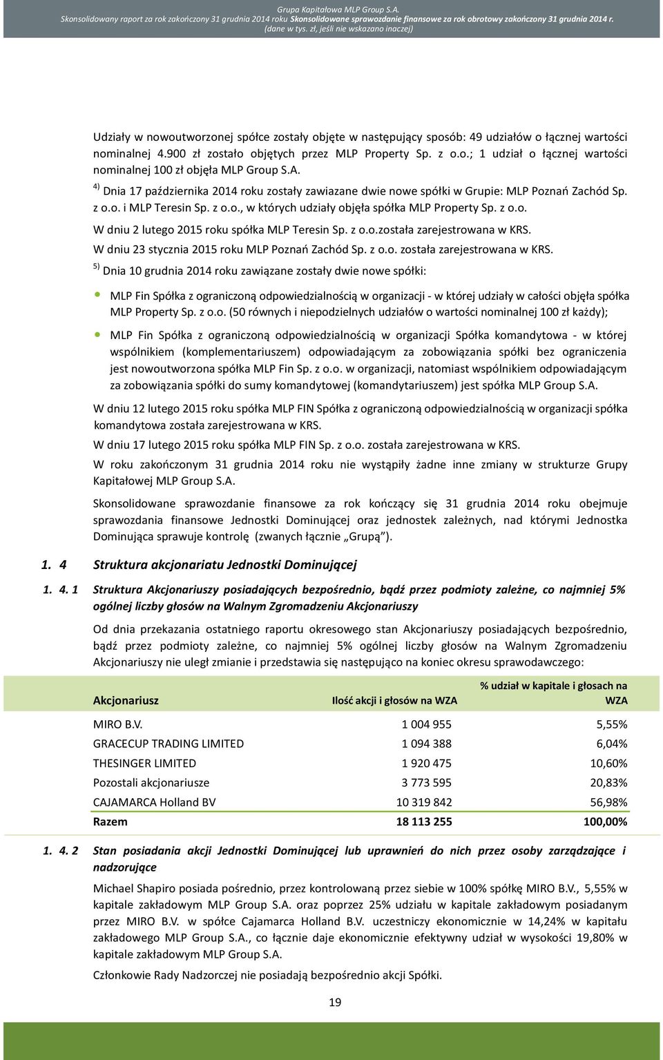 A. 4) Dnia 17 października 2014 roku zostały zawiazane dwie nowe spółki w Grupie: MLP Poznań Zachód Sp. z o.o. i MLP Teresin Sp. z o.o., w których udziały objęła spółka MLP Property Sp. z o.o. W dniu 2 lutego 2015 roku spółka MLP Teresin Sp.