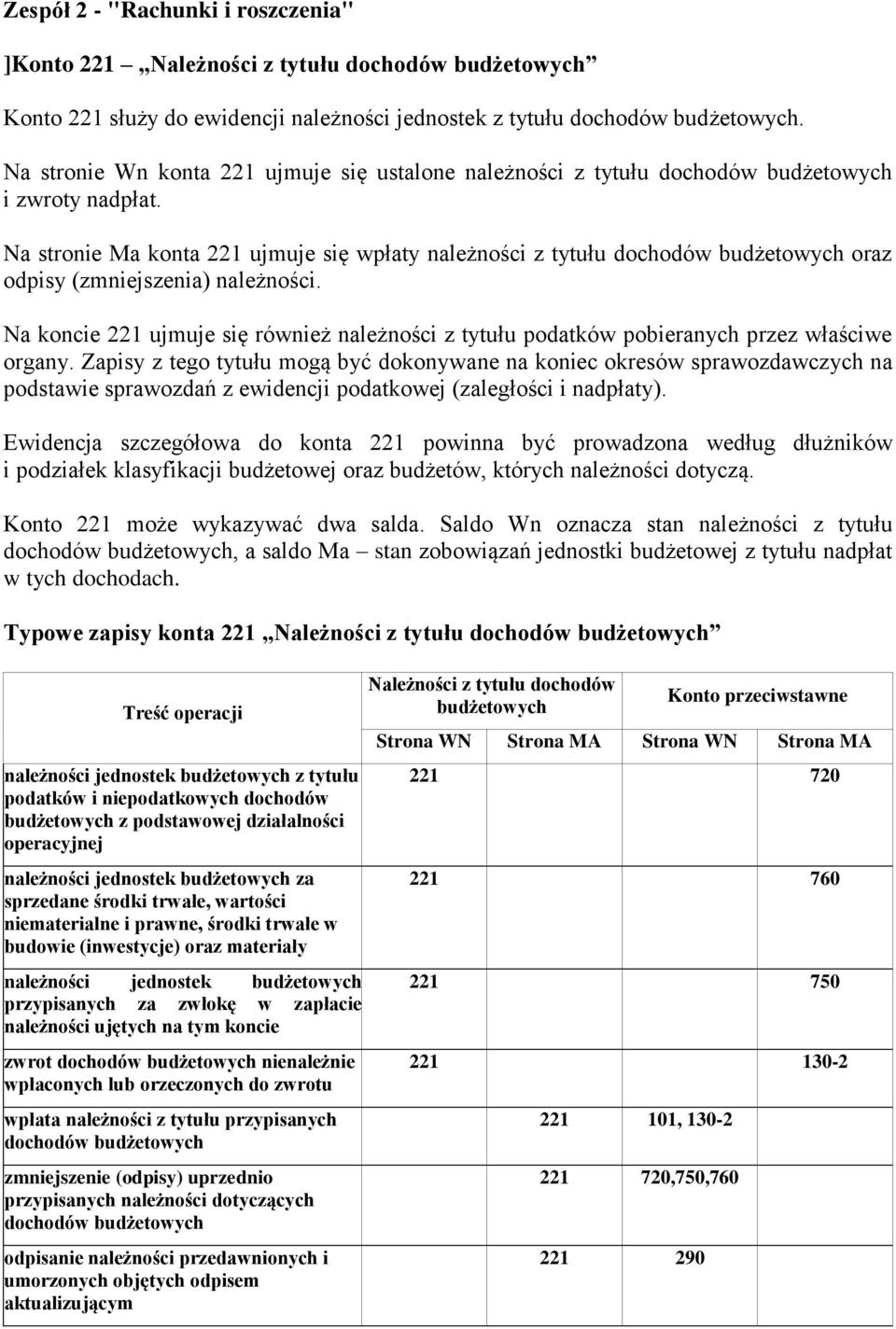 Na stronie Ma konta 221 ujmuje się wpłaty należności z tytułu dochodów budżetowych oraz odpisy (zmniejszenia) należności.