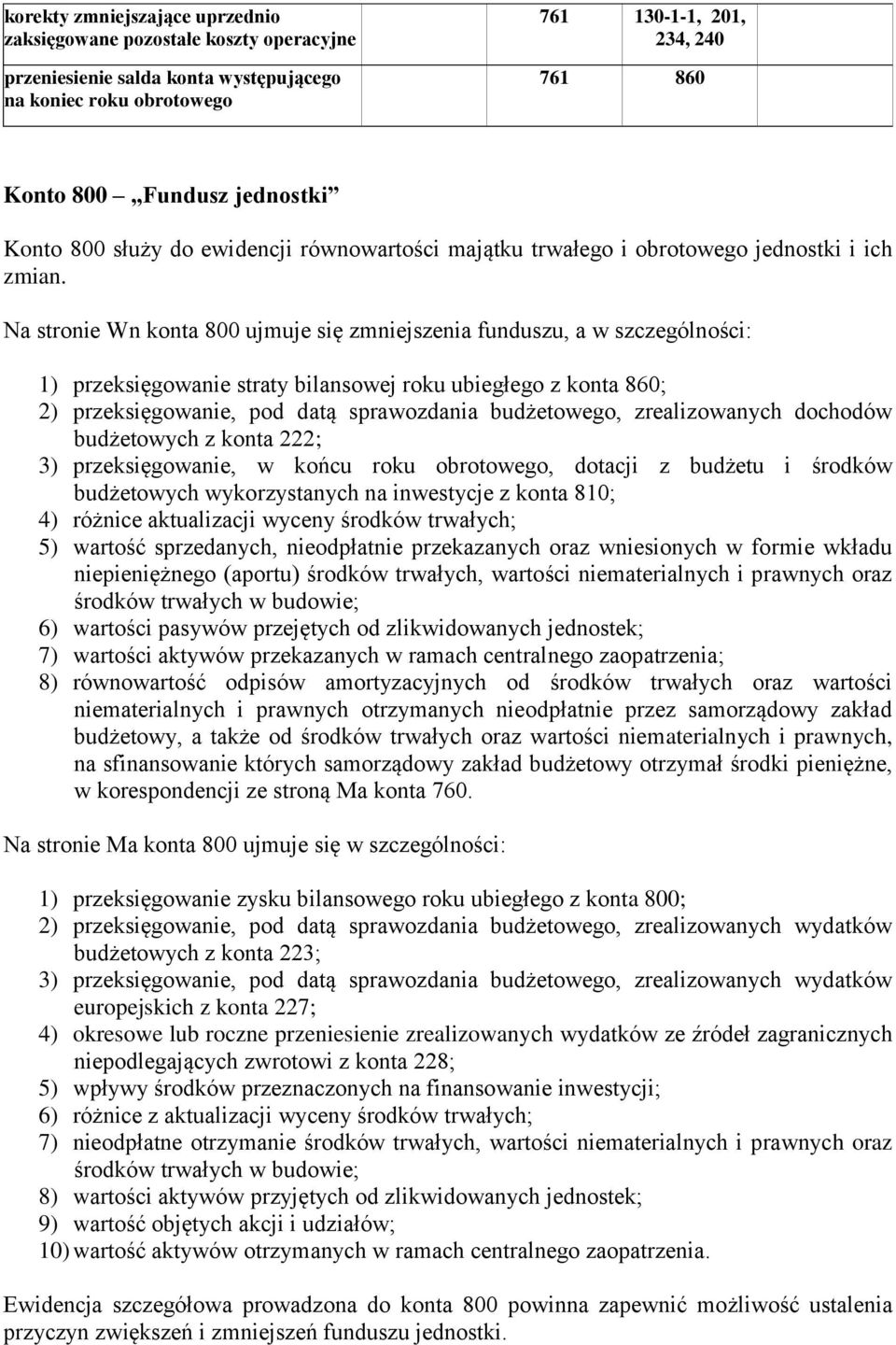 Na stronie Wn konta 800 ujmuje się zmniejszenia funduszu, a w szczególności: 1) przeksięgowanie straty bilansowej roku ubiegłego z konta 860; 2) przeksięgowanie, pod datą sprawozdania budżetowego,