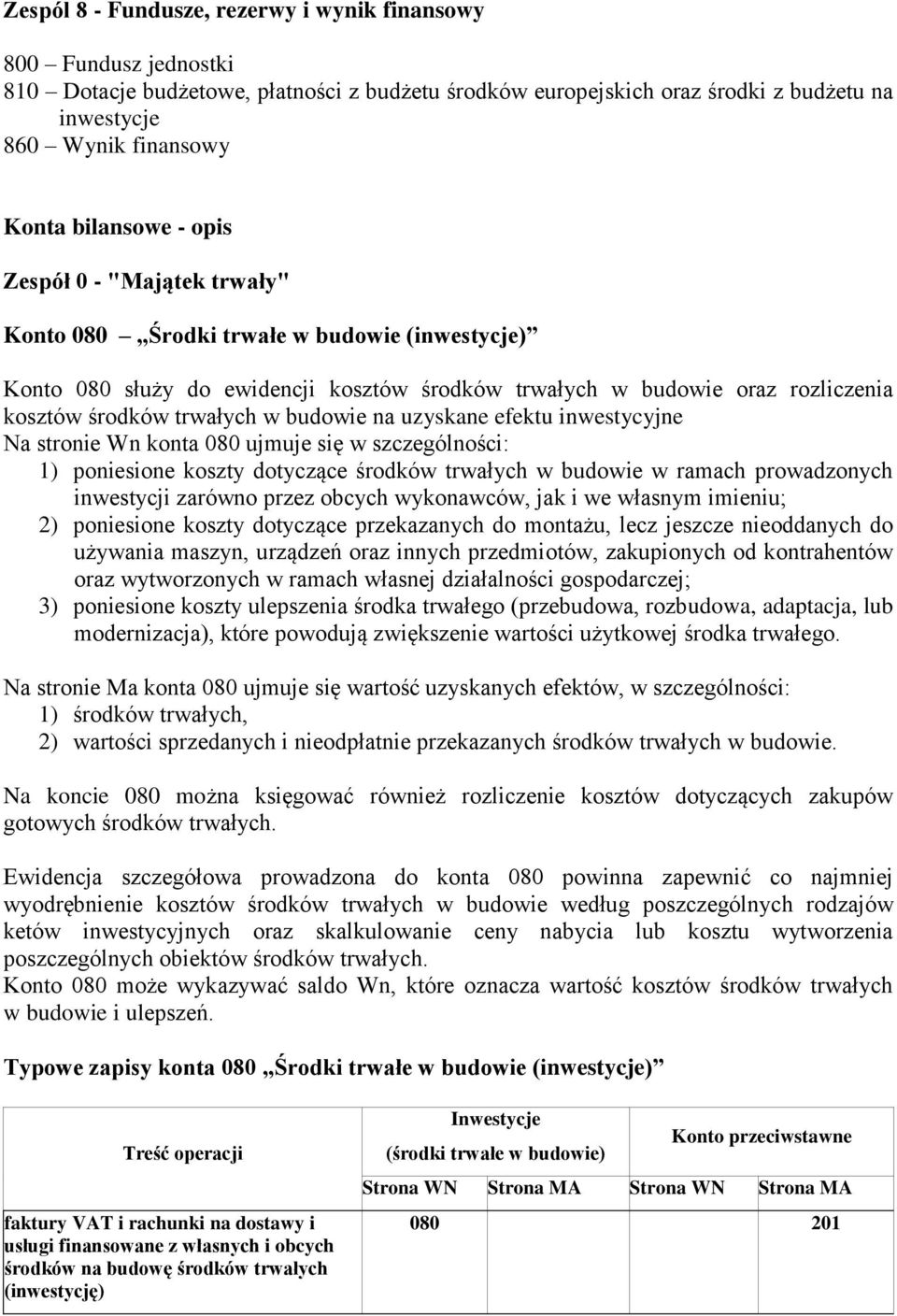 budowie na uzyskane efektu inwestycyjne Na stronie Wn konta 080 ujmuje się w szczególności: 1) poniesione koszty dotyczące środków trwałych w budowie w ramach prowadzonych inwestycji zarówno przez