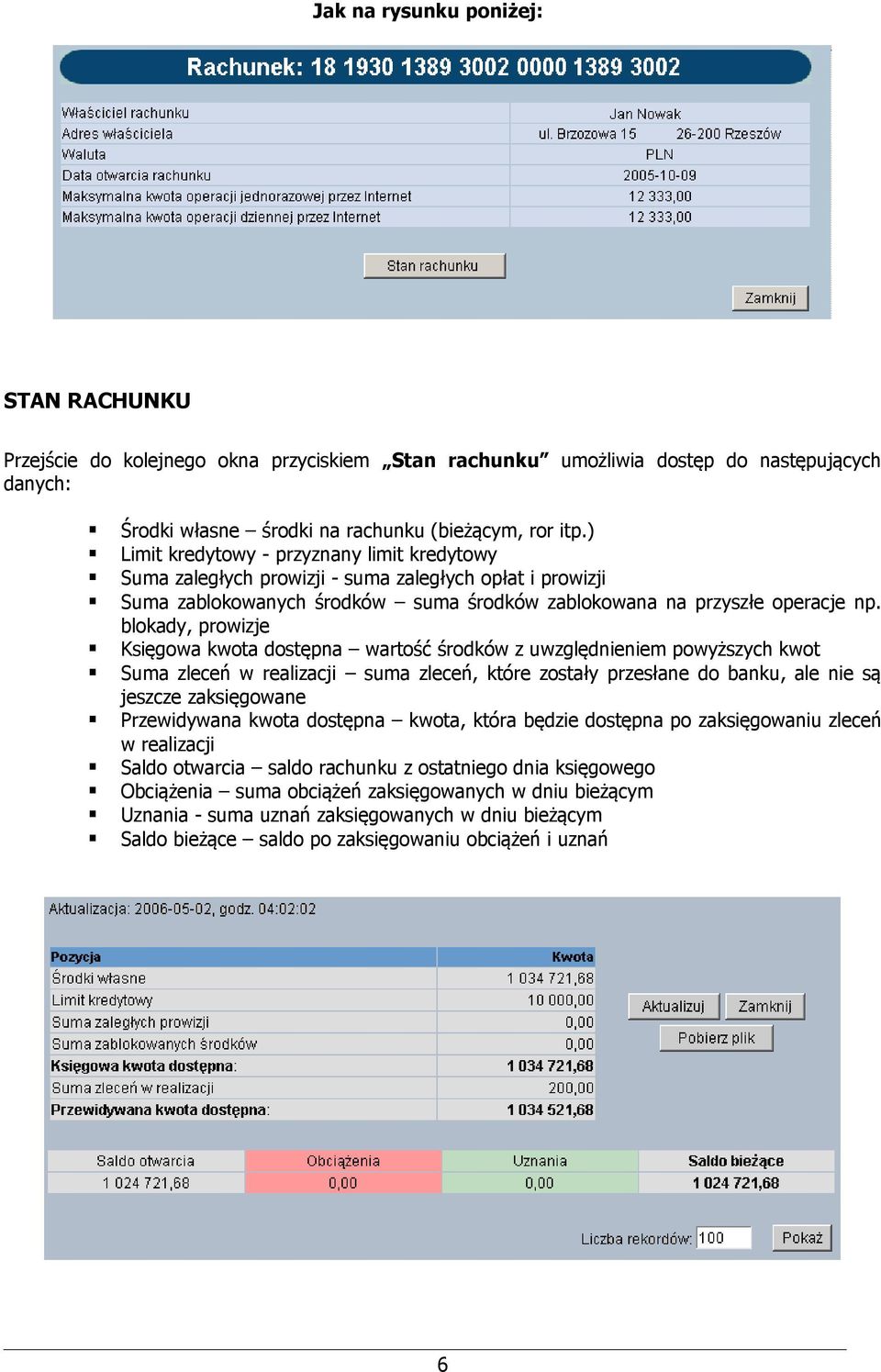 blokady, prowizje Księgowa kwota dostępna wartość środków z uwzględnieniem powyższych kwot Suma zleceń w realizacji suma zleceń, które zostały przesłane do banku, ale nie są jeszcze zaksięgowane