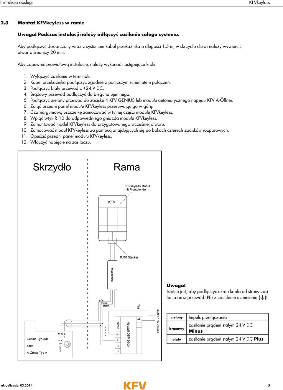 Aby zapewnić prawidłową instalację, należy wykonać następujące kroki: 1. Wyłączyć zasilanie w terminalu. 2. Kabel przekaźnika podłączyć zgodnie z poniższym schematem połączeń. 3.