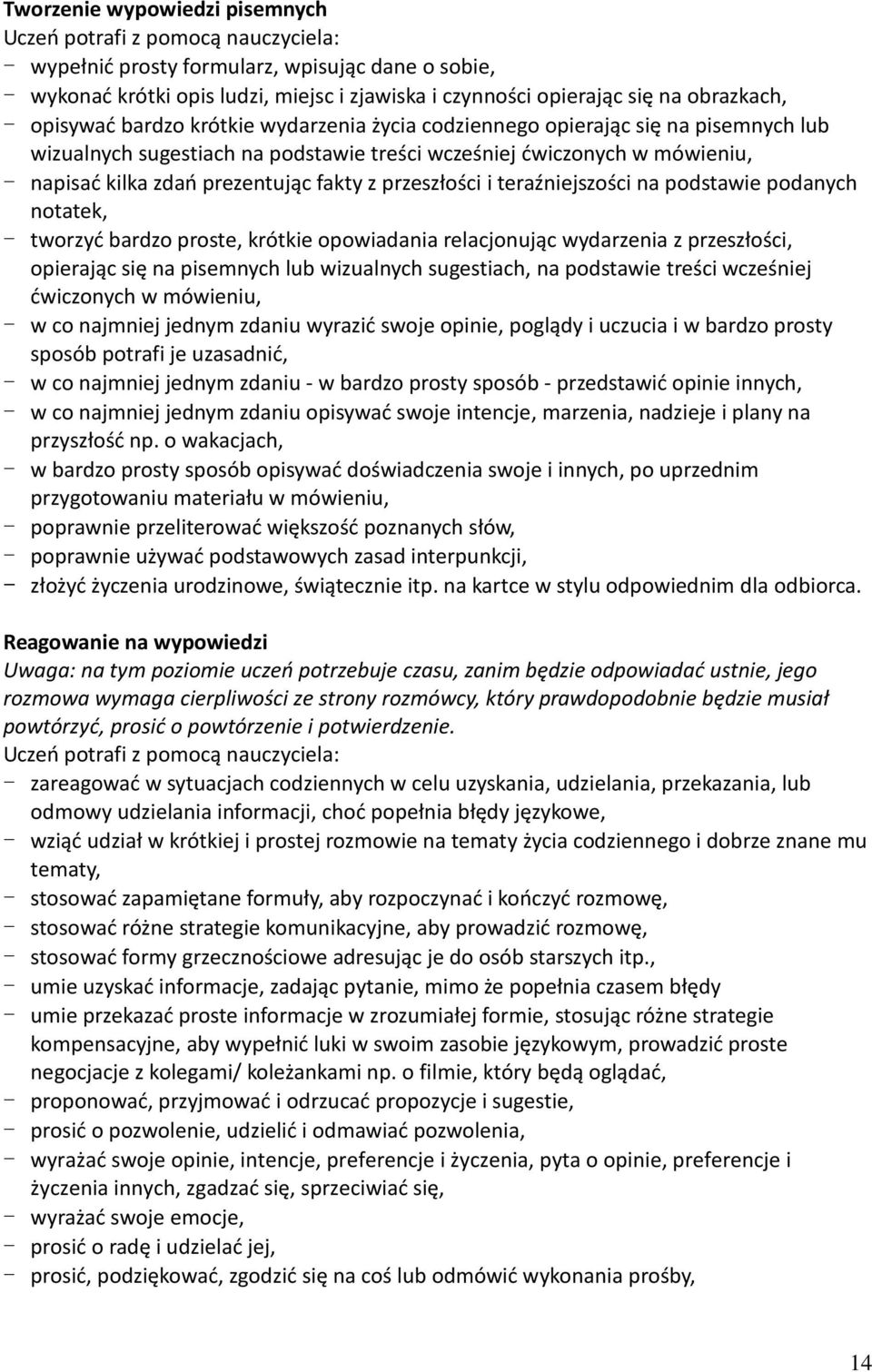 prezentując fakty z przeszłości i teraźniejszości na podstawie podanych notatek, - tworzyć bardzo proste, krótkie opowiadania relacjonując wydarzenia z przeszłości, opierając się na pisemnych lub