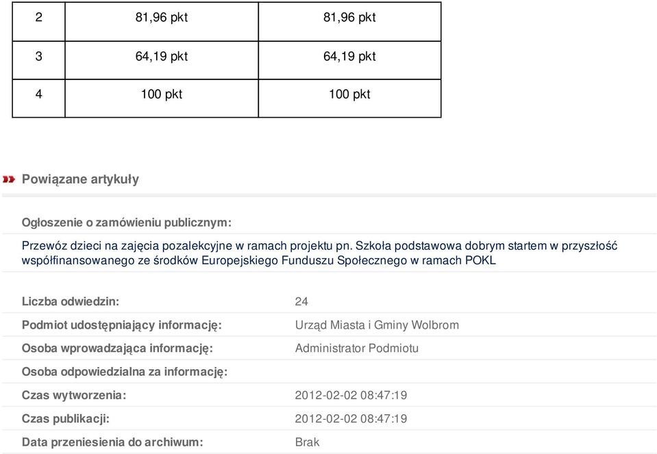 odwiedzin: 24 Podmiot udostępniający informację: Osoba wprowadzająca informację: Urząd Miasta i Gminy Wolbrom Administrator Podmiotu