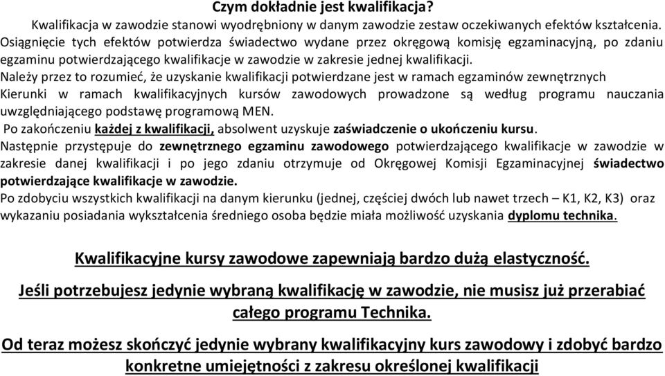 Należy przez to rozumieć, że uzyskanie kwalifikacji potwierdzane jest w ramach egzaminów zewnętrznych Kierunki w ramach kwalifikacyjnych kursów zawodowych prowadzone są według programu nauczania