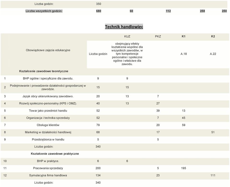 15 15 3 Język obcy ukierunkowany zawodowo. 20 13 7 4 Rozwój społeczno-personalny (KPS i OMZ).