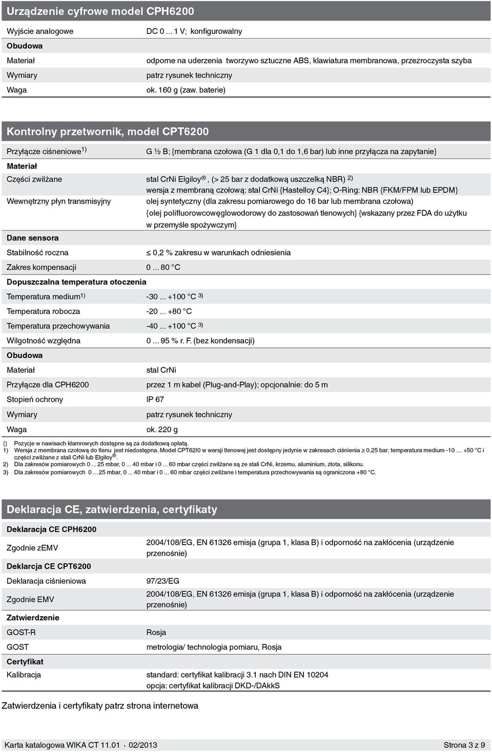baterie) Kontrolny przetwornik, model CPT6200 Przyłącze ciśneniowe 1) G ½ B; {membrana czołowa (G 1 dla 0,1 do 1,6 bar) lub inne przyłącza na zapytanie} Materiał Części zwilżane stal CrNi Elgiloy, (>