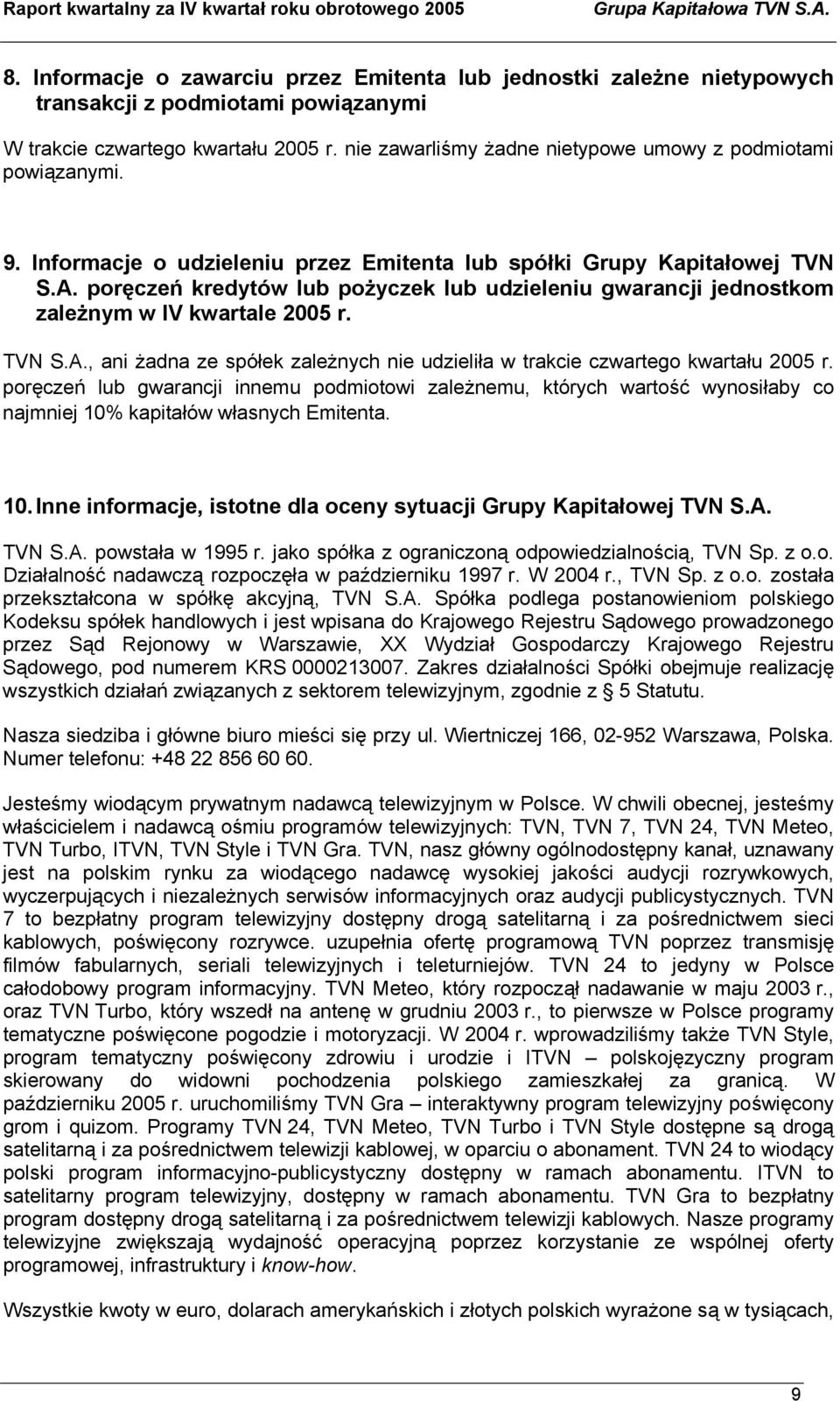 nie zawarliśmy żadne nietypowe umowy z podmiotami powiązanymi. 9. Informacje o udzieleniu przez Emitenta lub spółki Grupy Kapitałowej TVN S.A.