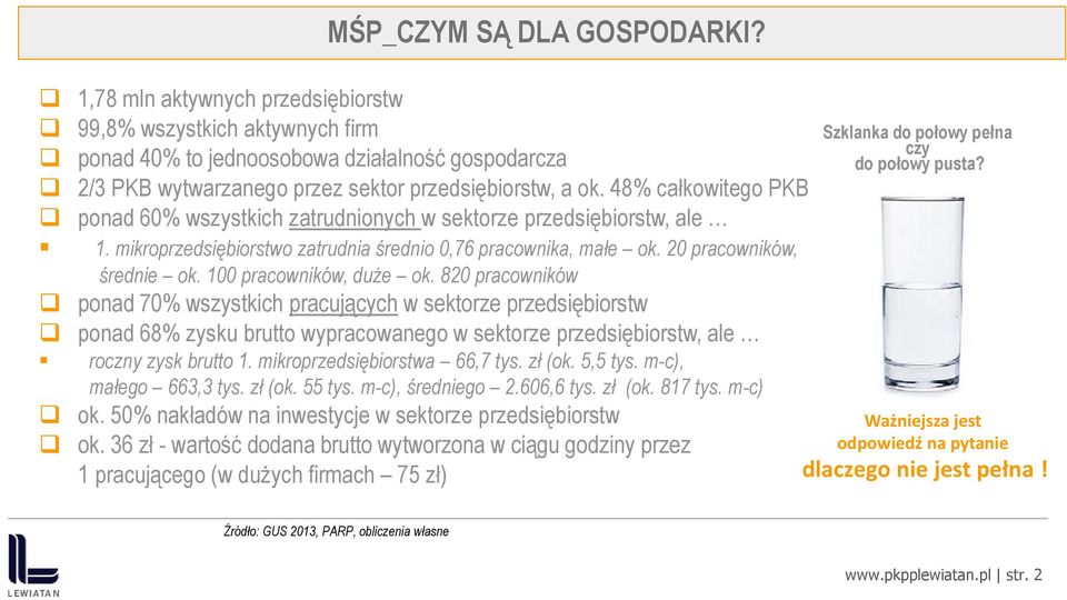 48% całkowitego PKB ponad 60% wszystkich zatrudnionych w sektorze przedsiębiorstw, ale 1. mikroprzedsiębiorstwo zatrudnia średnio 0,76 pracownika, małe ok. 20 pracowników, średnie ok.