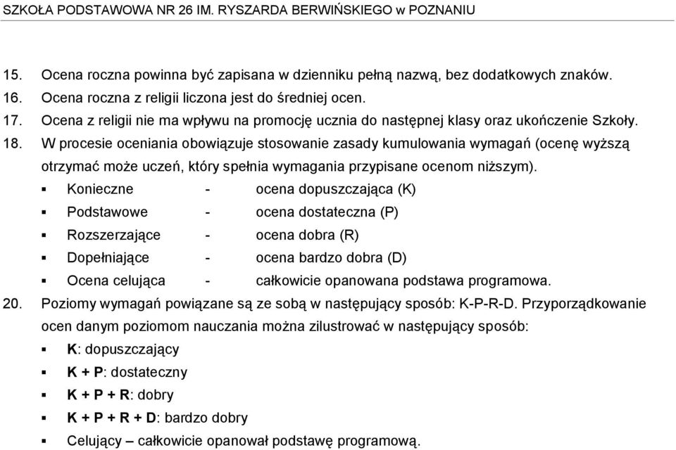 W procesie oceniania obowiązuje stosowanie zasady kumulowania wymagań (ocenę wyższą otrzymać może uczeń, który spełnia wymagania przypisane ocenom niższym).