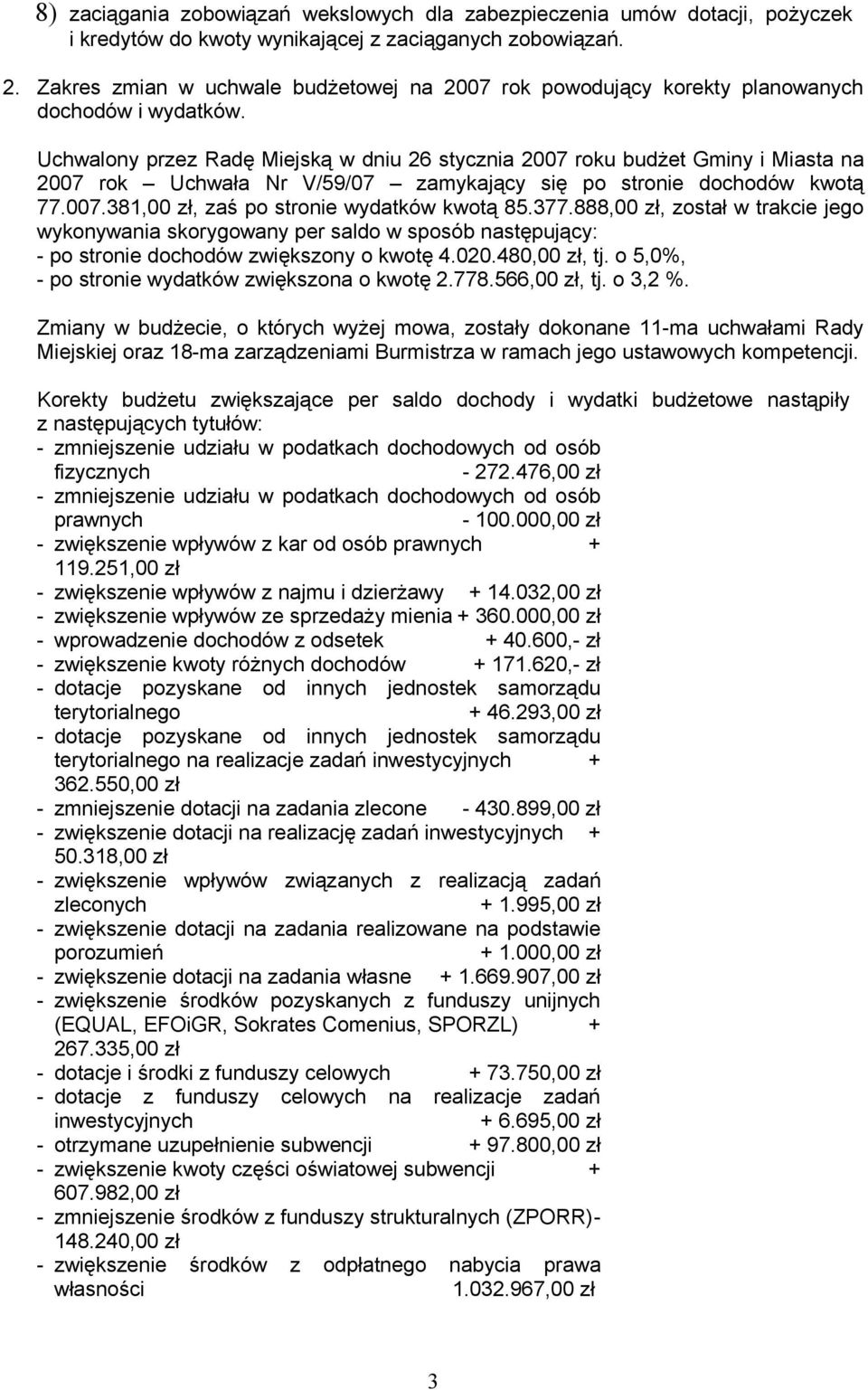 Uchwalony przez Radę Miejską w dniu 26 stycznia 2007 roku budżet Gminy i Miasta na 2007 rok Uchwała Nr V/59/07 zamykający się po stronie dochodów kwotą 77.007.381,00 zł, zaś po stronie wydatków kwotą 85.