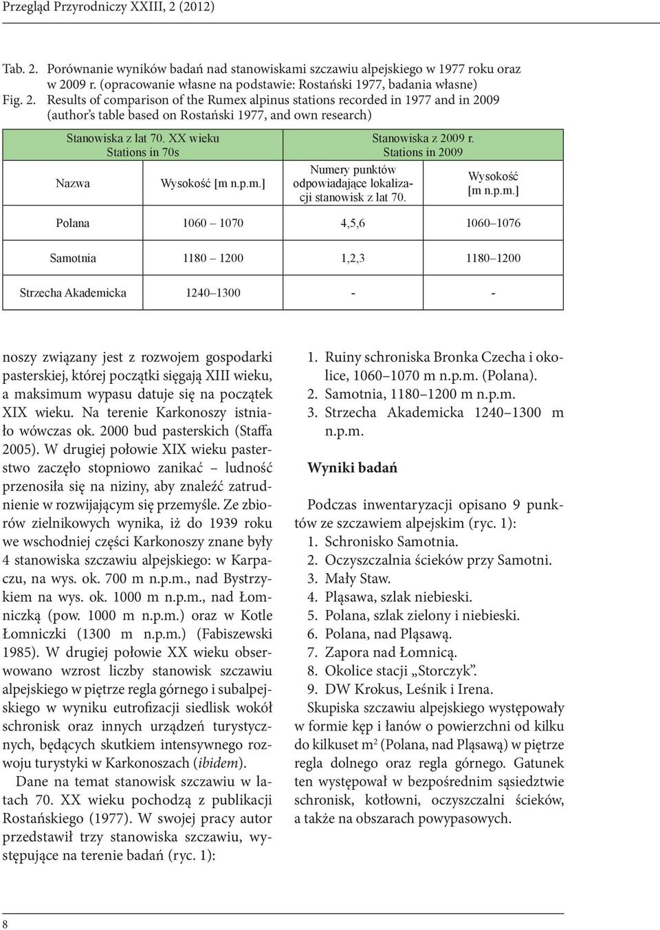 Results of comparison of the Rumex alpinus stations recorded in 1977 and in 2009 (author s table based on Rostański 1977, and own research) Stanowiska z lat 70.