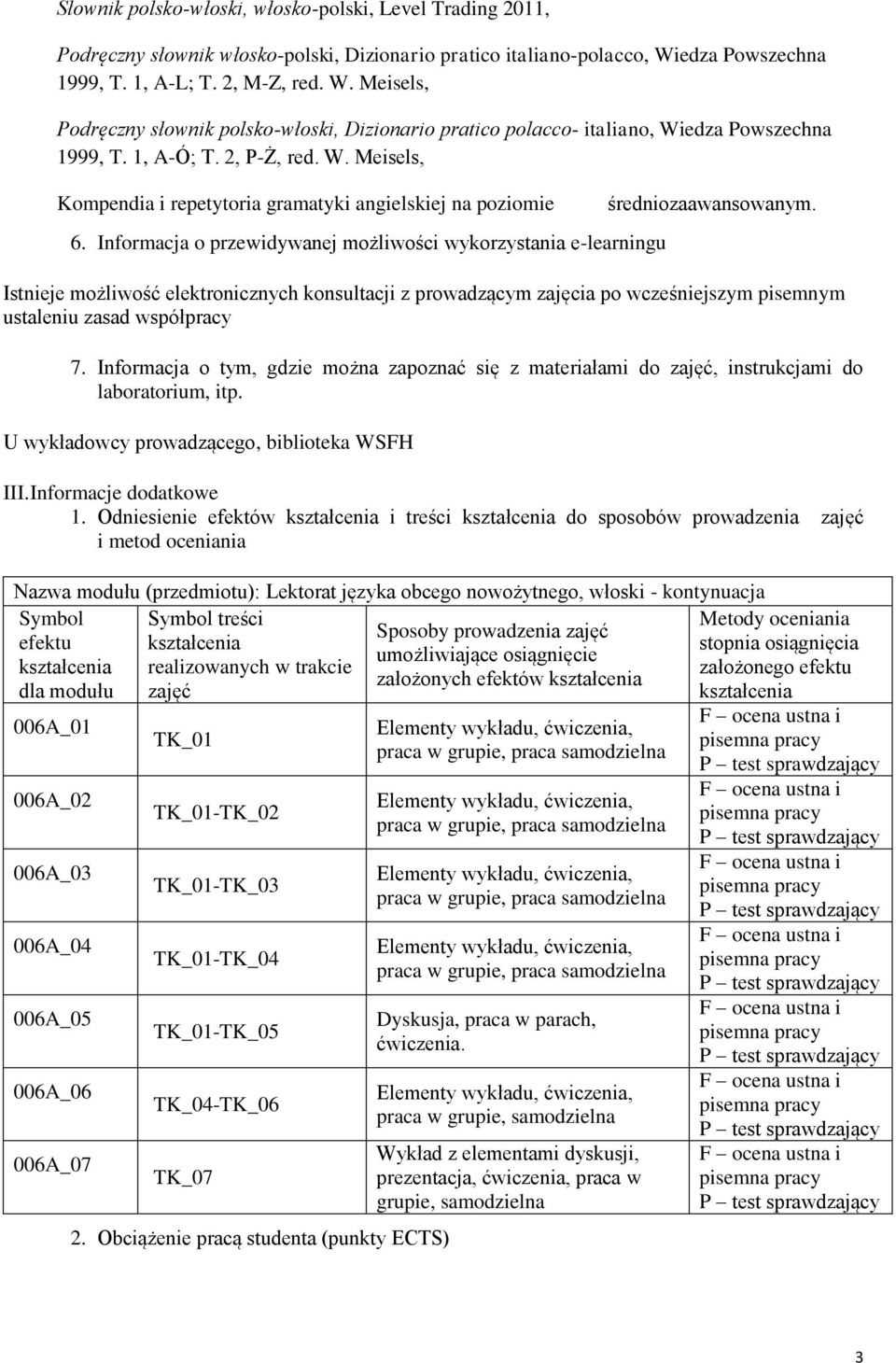 Informacja o przewidywanej możliwości wykorzystania e-learningu średniozaawansowanym.