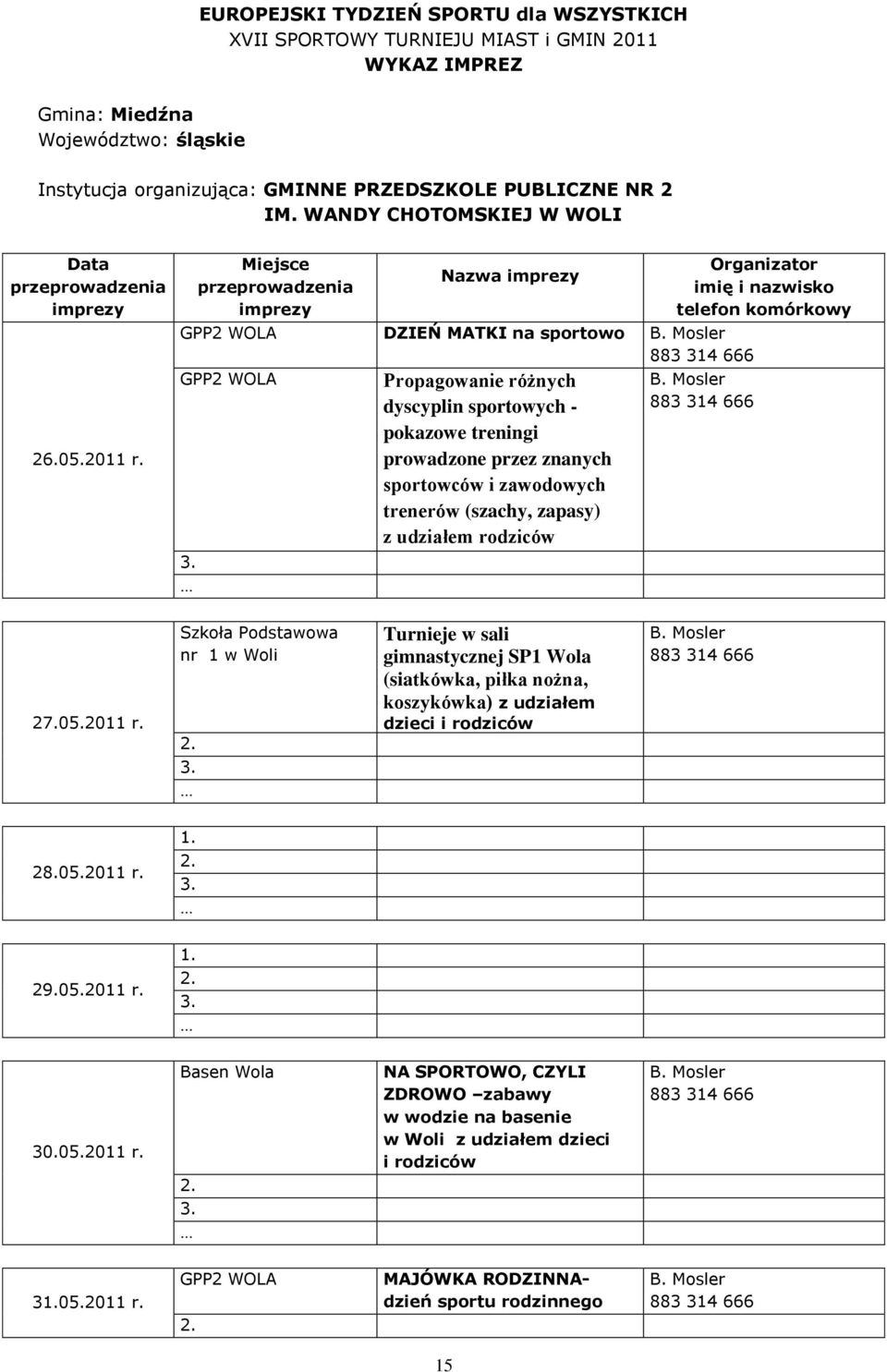 rodziców B. Mosler 883 314 666 Szkoła Podstawowa nr 1 Turnieje w sali gimnastycznej SP1 Wola (siatkówka, piłka nożna, koszykówka) z udziałem dzieci i rodziców B.