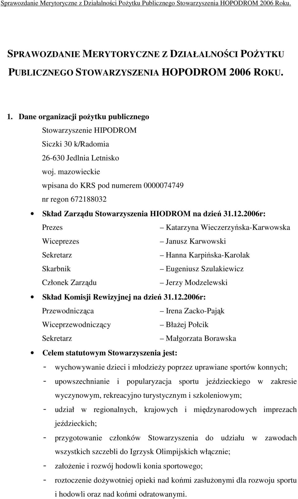 mazowieckie wpisana do KRS pod numerem 0000074749 nr regon 672188032 Skład Zarządu Stowarzyszenia HIODROM na dzień 31.12.