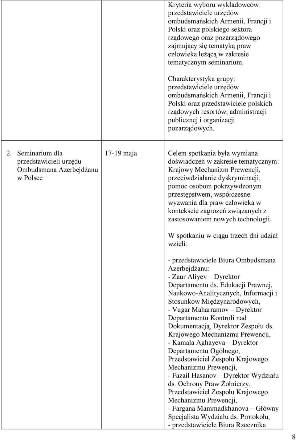 Charakterystyka grupy: przedstawiciele urzędów ombudsmańskich Armenii, Francji i Polski oraz przedstawiciele polskich rządowych resortów, administracji publicznej i organizacji pozarządowych. 2.