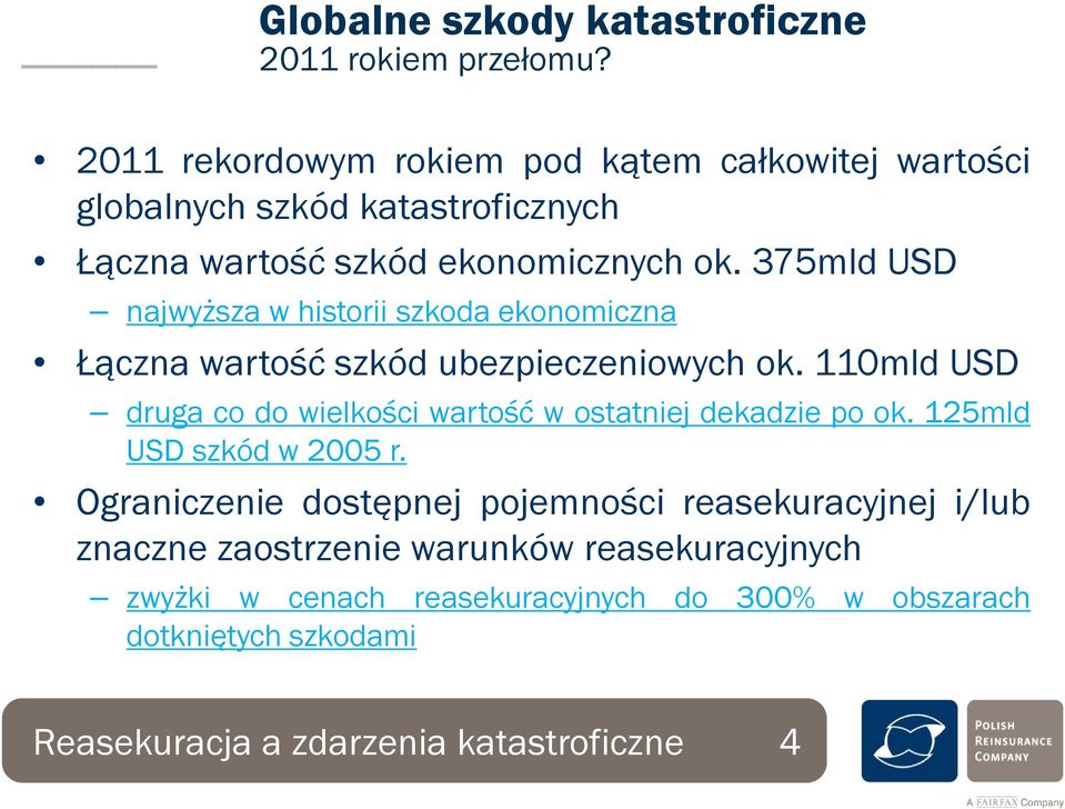 375mld USD najwyższa w historii szkoda ekonomiczna Łączna wartość szkód ubezpieczeniowych ok.