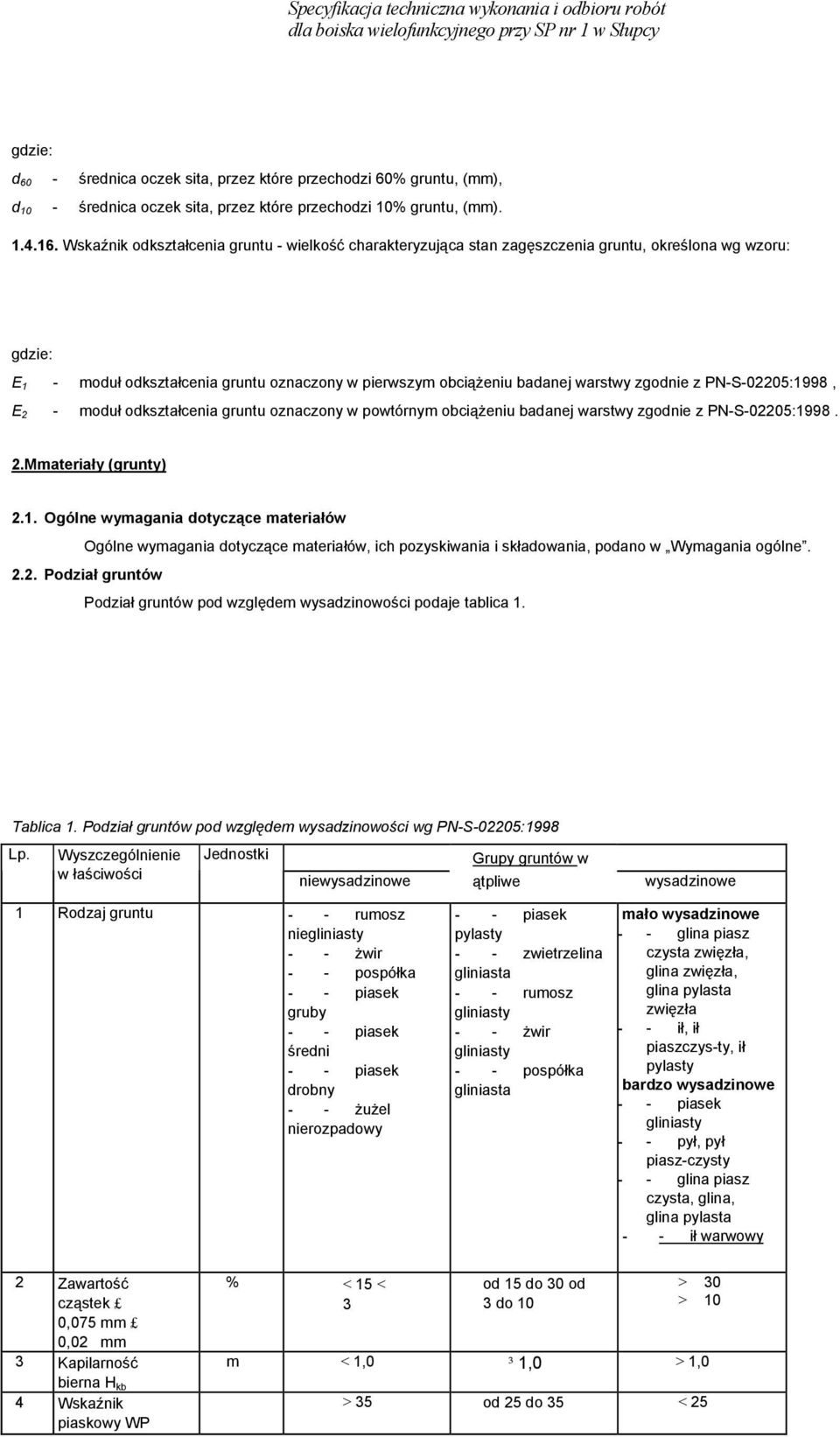 zgodnie z PN-S-02205:1998, E 2 - moduł odkształcenia gruntu oznaczony w powtórnym obciążeniu badanej warstwy zgodnie z PN-S-02205:1998. 2.Mmateriały (grunty) 2.1. Ogólne wymagania dotyczące materiałów Ogólne wymagania dotyczące materiałów, ich pozyskiwania i składowania, podano w Wymagania ogólne.