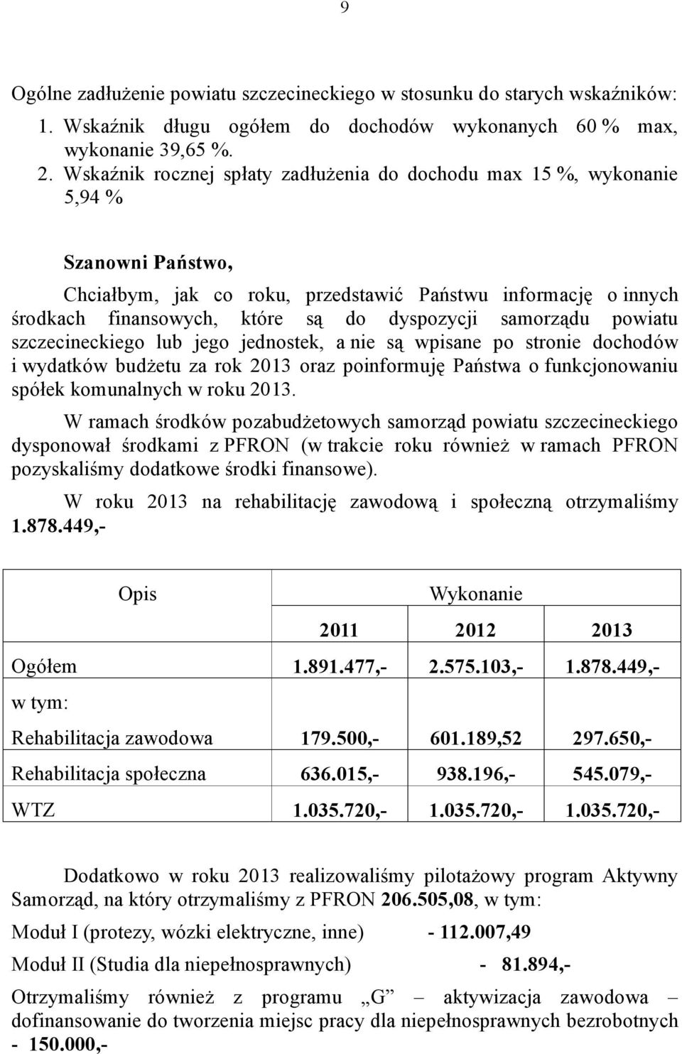 szczecineckiego lub jego jednostek, a nie są wpisane po stronie dochodów i wydatków budżetu za rok 2013 oraz poinformuję Państwa o funkcjonowaniu spółek komunalnych w roku 2013.