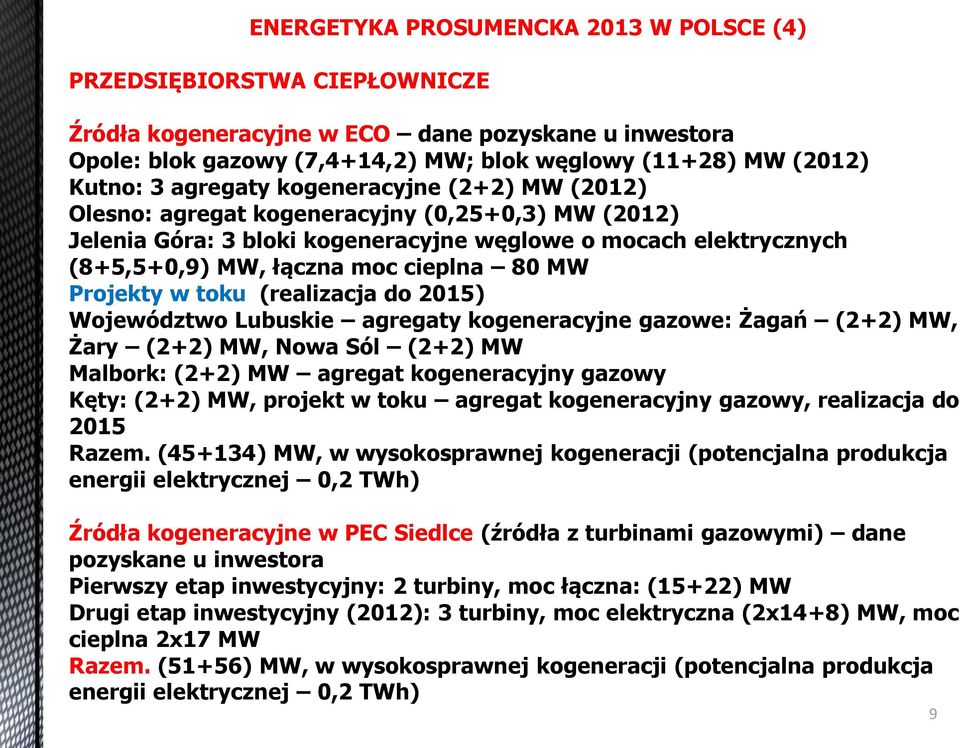 Projekty w toku (realizacja do 2015) Województwo Lubuskie agregaty kogeneracyjne gazowe: aga (2+2) MW, ary (2+2) MW, Nowa Sól (2+2) MW Malbork: (2+2) MW agregat kogeneracyjny gazowy K ty: (2+2) MW,