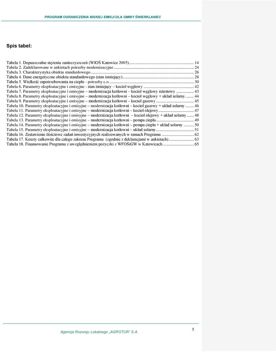 Parametry eksploatacyjne i emisyjne - stan istniejący kocioł węglowy... 42 Tabela 7. Parametry eksploatacyjne i emisyjne modernizacja kotłowni kocioł węglowy retortowy... 43 Tabela 8.